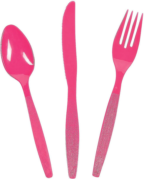 Bulk Plastic Cutlery Sets for 70, 210 Pieces, Spoons, Knives, Forks, Party and Wedding Supplies (Hot Pink) by Fun Express