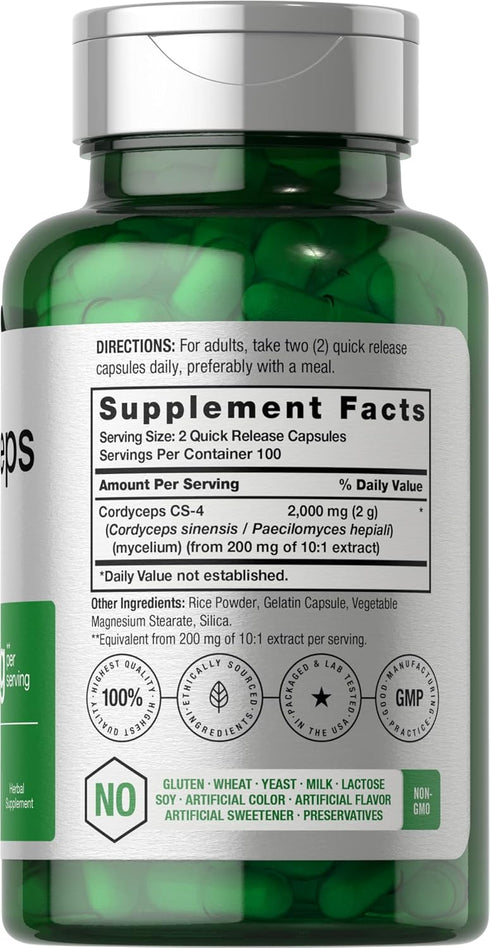 Horbaeach Cordyceps Mushroom Capsules 2000mg | 200 Count | CS-4 Strain Cordyceps Sinesis | Non-GMO Herbal Supplement