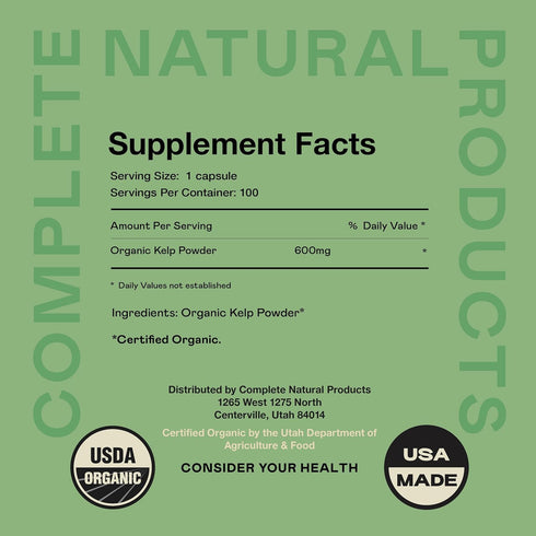 Raw Sea Kelp Powder Supplement - 600mg Capsules 100 Pills Powdered Raw Seaweed & Thyroid Support Supplement