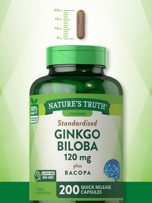 Nature's Truth Ginkgo Biloba 120mg plus Bacopa - 200 Quick Release Capsules, Standardized Extract, Non-GMO and Gluten