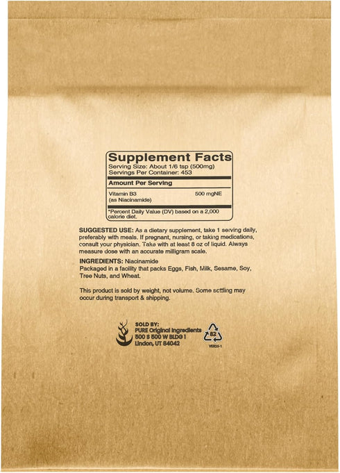 Niacinamide Powder (8oz) Flush-Free Vitamin B3 Dietary Supplement by PURE ORIGINAL INGREDIENTS