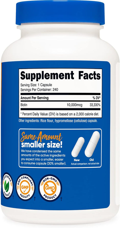 Nutricost Biotin (Vitamin B7) 10,000mcg (10mg) Supplement, 240 Vegetarian Capsules, Gluten Free, Quick Release