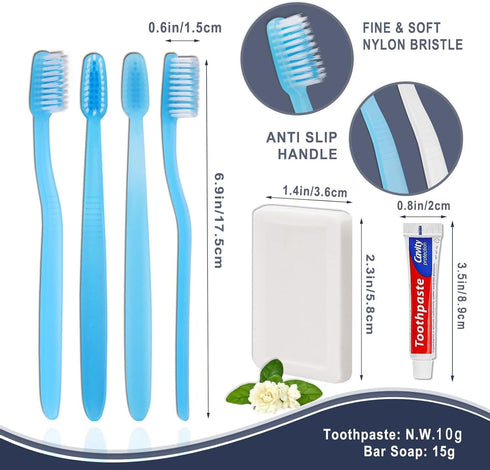 30 Pack Disposable Toothbrushes with Toothpaste and Soap, Individually Wrapped, 2 Colors, Hotel Travel Size