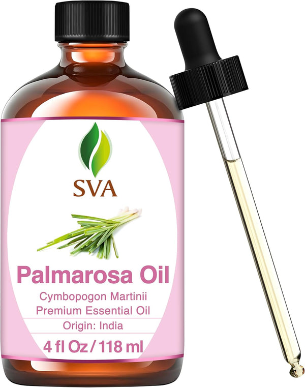 SVA Palmarosa Essential Oil, 4 Fl Oz, 100% Natural Oil for Diffuser, Hair Care, Skin Care, Aromatherapy