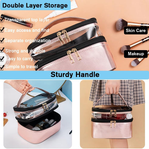 FITINI 3 Pieces Makeup Bags, Double Layer Travel Large Cosmetic Cases, Waterproof Small Zipper Pouch for Women