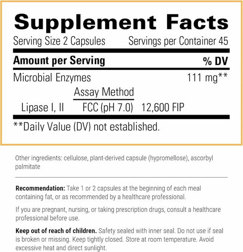 Integrative Therapeutics Lipase Concentrate-HP, Enzyme Supplement for Digestion of Fats, 90 Count
