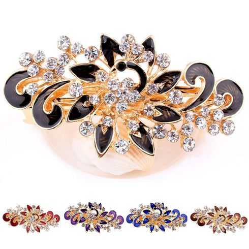Women's Multilayered Peacock Shaped Rhinestone French Barrette Hair Clip, Black