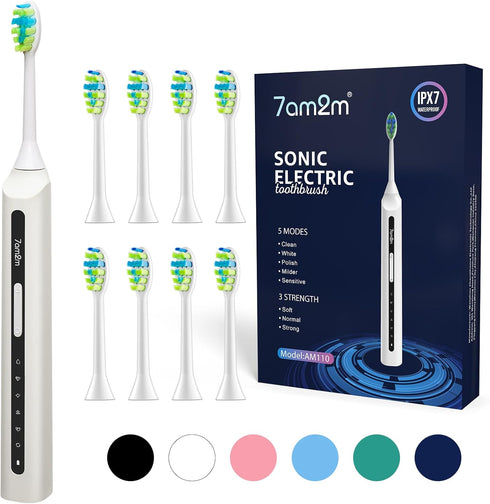 7AM2M Sonic Electric Toothbrush, High Power Rechargeable, 8 Brush Heads, 15 Adjustable Modes, White