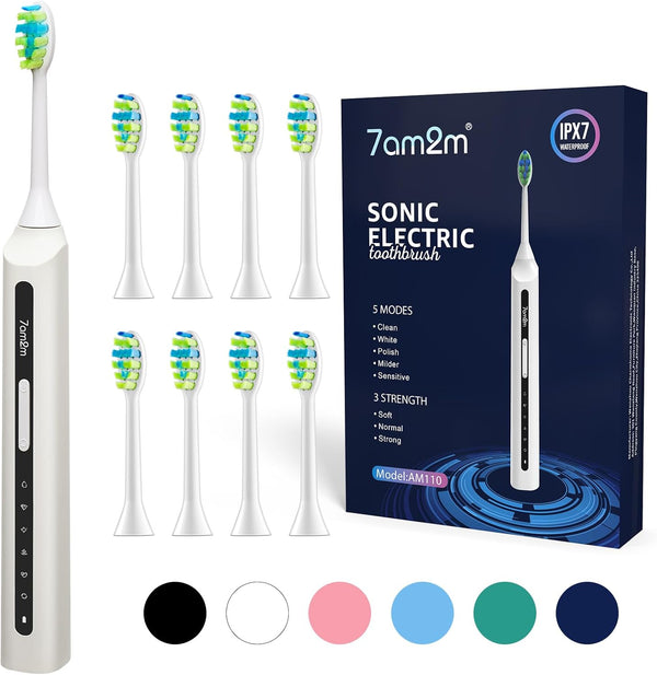 7AM2M Sonic Electric Toothbrush, High Power Rechargeable, 8 Brush Heads, 15 Adjustable Modes, White
