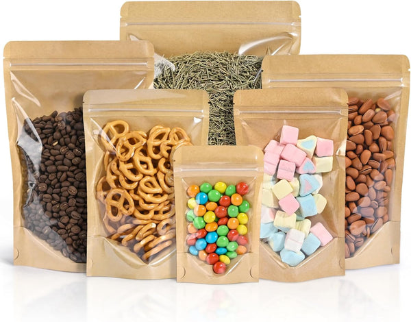 FireKylin 100 PCS Stand Up Pouches, 3.9" x 5.9" Kraft Bags with Window, Resealable Zip Lock Food Storage Brown