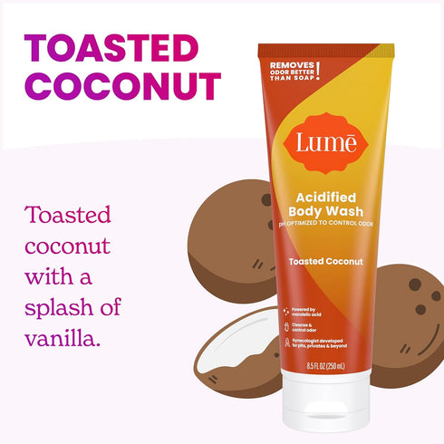 Lume Acidified Body Wash (8.5 oz, Toasted Coconut) - 24 Hour Odor Control, Moisturizing Formula, OB/GYN Developed