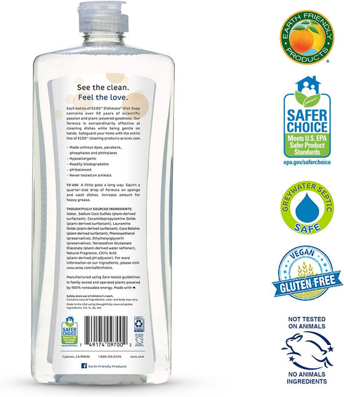 Earth Friendly Products Dishmate, Dishwashing Liquid, Natural Almond, 25 Ounce (Pack of 3)