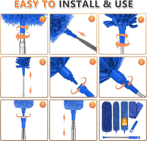 Microfiber Feather Duster, 7PCS Washable Dusters with 100" Extension Long Pole for High Ceiling Cleaning