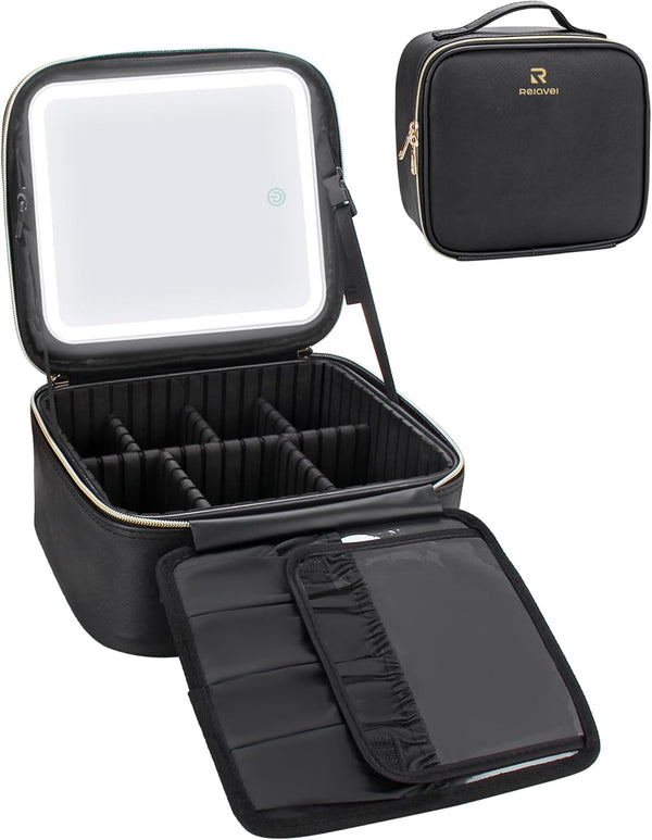 Relavel Makeup Bag with Light Up Mirror, Travel Cosmetic Organizer, Rechargeable Vanity Mirror with 3 Color Lights
