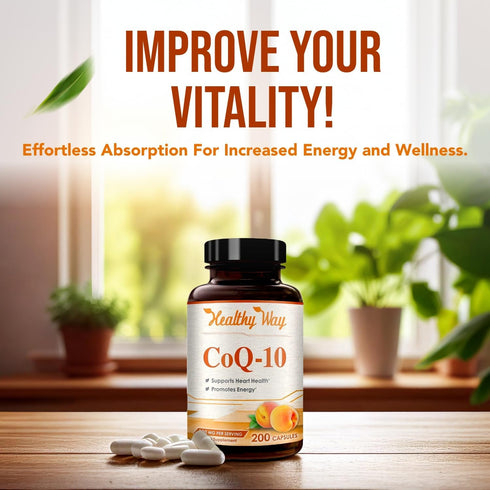 Coenzyme Q10 200mg Supplement - Once Daily CoQ10 Powder Capsules for Heart Health, Antioxidant Support