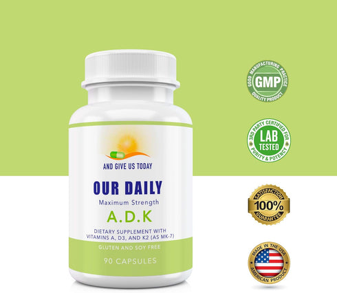 Our Daily Vites ADK Supplement - Vitamin A, D3 & K2 (as MK7) - Bone, Immune System Support - 180 CT Vegetable Capsules