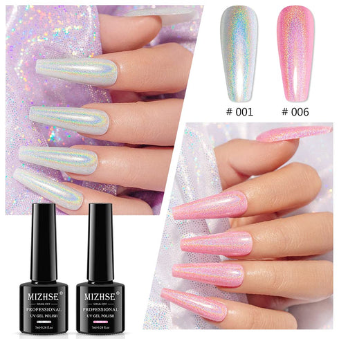 MIZHSE 8 Colors Holographic Gel Nail Polish Set - Laser Iridescent Chrome Rainbow Shimmer Glitter for Nail Art Salon