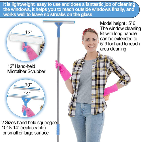 Window Squeegee Washing Kit for High Windows, Shower Glass Door, Mirror Cleaning, with 69-inch Extension Pole & 2