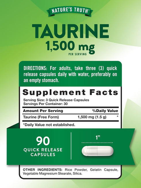 Nature's Truth Taurine Supplement | 1500mg | 90 Capsules | Non-GMO & Gluten Free Amino Acid Supplement