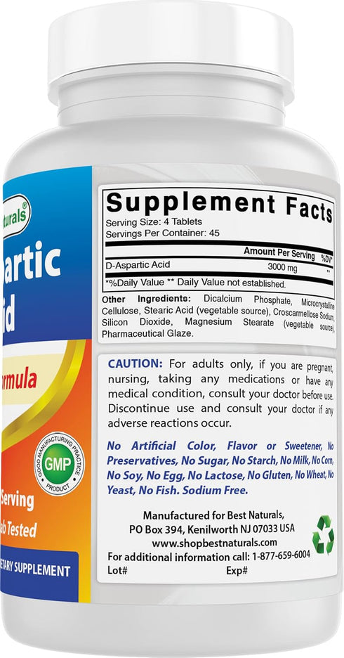 Best Naturals D Aspartic Acid (DAA) 3000mg, Non-GMO & Gluten Free, 180 Tablets per Serving