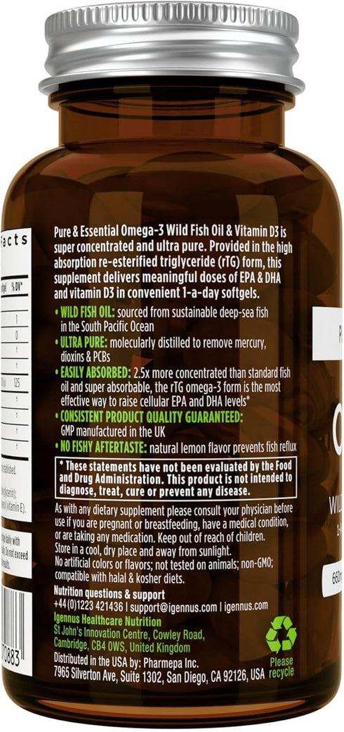 Pure & Essential Omega-3 & D3, 60 Softgels - 1000iu, Fast-Acting rTG for Eyes, Heart & Brain Function