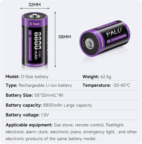 Mspalocell 2 Pack,1.5V 8800mAh 2 1 Rechargeable Lithium D Batteries d cell batteries with in USB-C Charging Cable