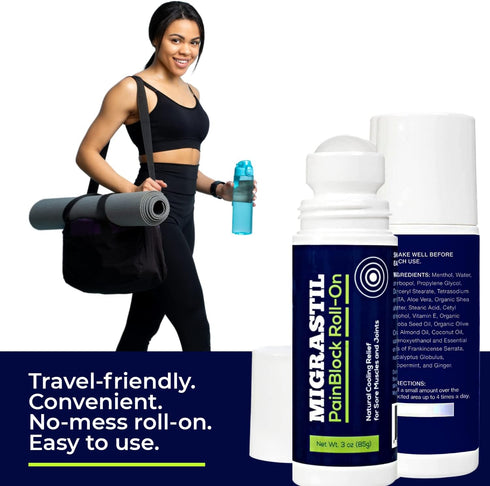 Basic Vigor Migrastil PainBlock Roll-On, 3 oz for Muscle Aches, Cramps, Joint & Nerve Discomfort, Works on Shoulders,