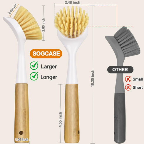 Set 2 Pack Dish Brush with Bamboo Handle, Kitchen Brushes for Cleaning Pot, Sink and Stove, Skillet Scrubber with Tough