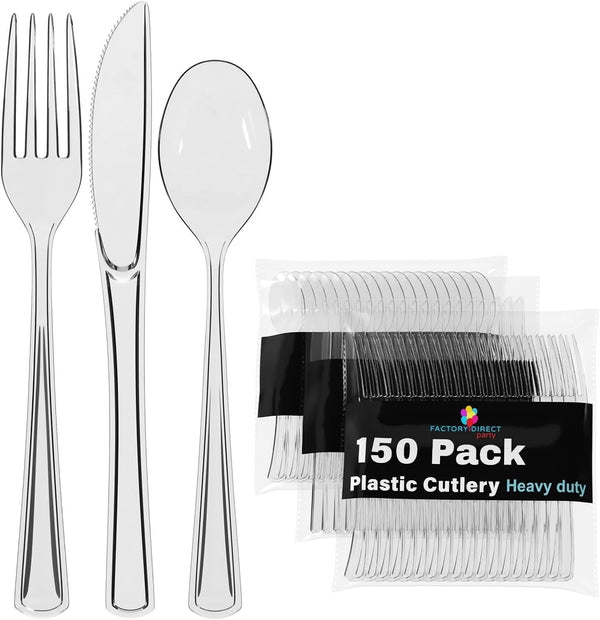 150 Pack Heavy Duty Clear Plastic Cutlery Set, 50 Forks, 50 Spoons, 50 Knives for Party Supplies