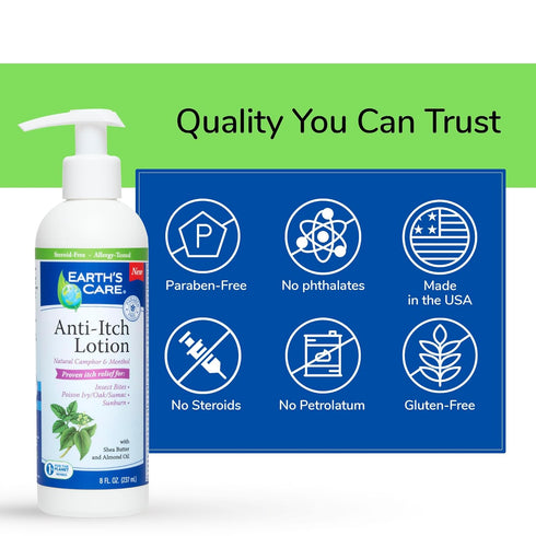 Earth's Care Anti Itch Lotion - Steroid Free - Soothes Sunburns, Dry Skin, Minor Skin Irritation, 8 OZ
