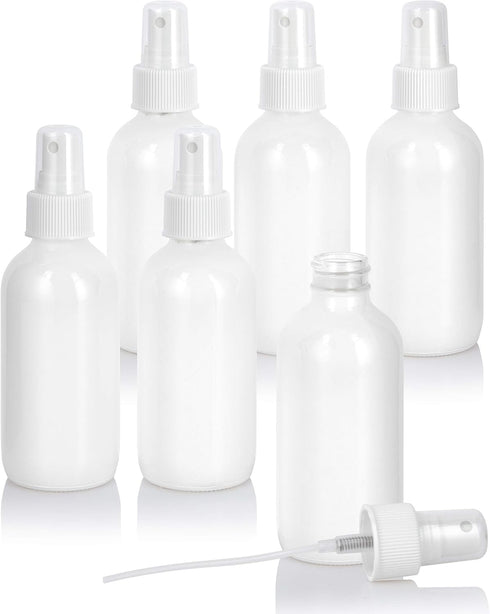 JUVITUS 4 oz / 120 ml High Shine Gloss White Glass Boston Round Bottle with Fine Mist Spray (6 pack)