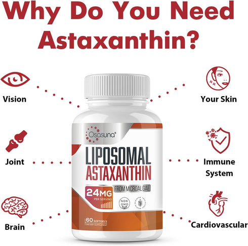 Liposomal Astaxanthin Supplement 24 MG, Maximum Absorption, Antioxidant Stronger Than VIT C, Non-GMO & Gluten Free - 60