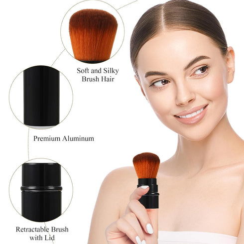 Vtrem Retractable Makeup Brush Set, 3 Colors Kabuki Foundation Brush, Portable Mini Makeup Brushes with Cover