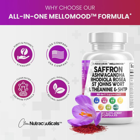 Clean Saffron Supplements - Saffron Pills Capsules USA - 8000mg with Ashwagandha, 200mg L-Theanine, 6000mg Ginkgo