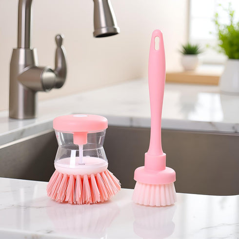 WLSuDHoncc 2Pcs Pink Dish Brush with Soap Dispenser,Soap Dispensing Brush, Kitchen Brush,Dish Pot Pan Sink Cleaning