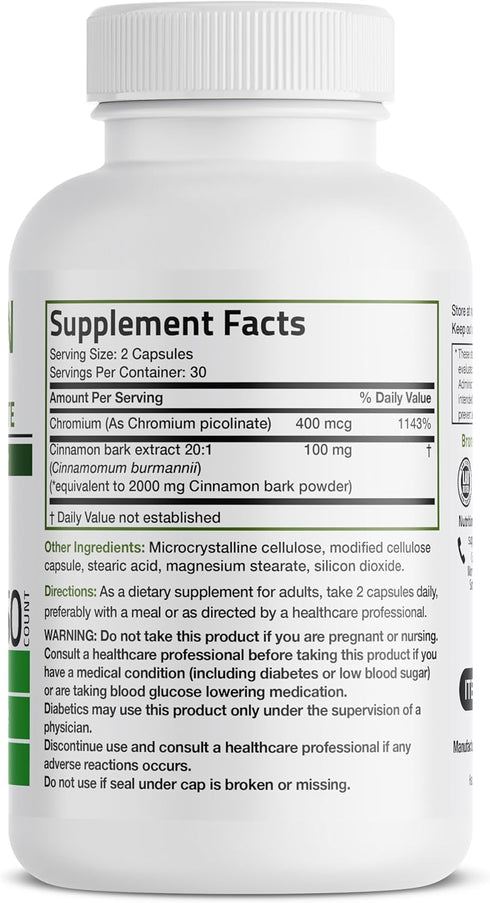 Bronson Cinnamon Plus Chromium Picolinate Supplement, High Potency Chromium, Non-GMO, 60 Vegetarian Capsules