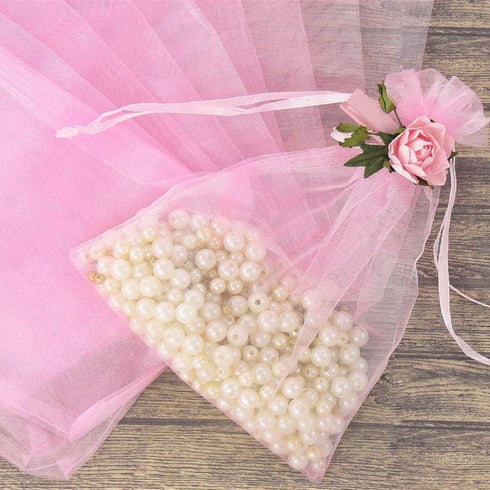 Set Of 50 Gift Organza Bags 4x6 Inch Pink Drawstring for Baby Shower,Christmas,40th Birthday,Party Favors,Wedding,Easter,Sheer Fabric Small Craft Sturdy Package Sachet for Jewelry,Necklace,Bows