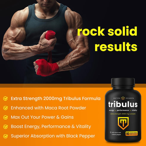 NutraChamps Tribulus Terrestris Supplement for Men, 2000mg Energy Booster, 90 Vegan Capsules, Extra Strength Saponins