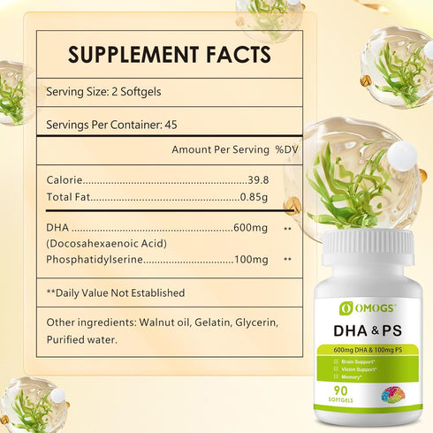 DHA & Omega Softgels for Adults, with Phosphatidylserine, Walnut Oil & Omega-3, Supports Healthy Brain Function, Vision and Memory, Gluten Free, NON-GMO, 90 Softgels.