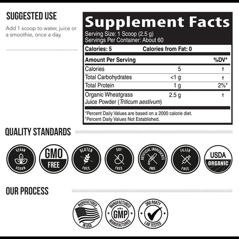 Organic Wheatgrass Juice Powder - Raw BioActive Form, Cold-Pressed, 20:1 Concentrate Juice Extract, Unflavored (5.3 oz)