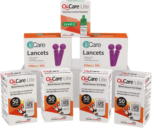 Oh’Care Lite Blood Sugar Testing Monitor, Glucose Test Strips, Lancets, Control Solution for Accurate Blood Testing