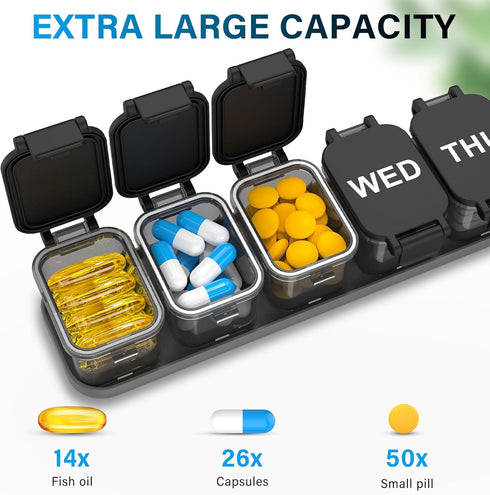 Toollygozz 7 Extra Large Weekly Pill Organizer - XL Vitamin Holder with Detachable Compartments, Portable Medicine Pill