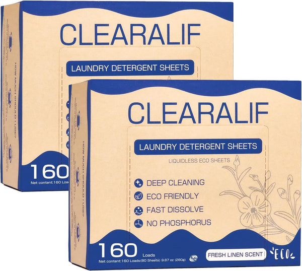 Laundry Detergent Sheets, Fresh Linen, Up to 320 Loads, Eco-Friendly & Hypoallergenic, CLEARALIF (80 Sheets, Pack of 2)