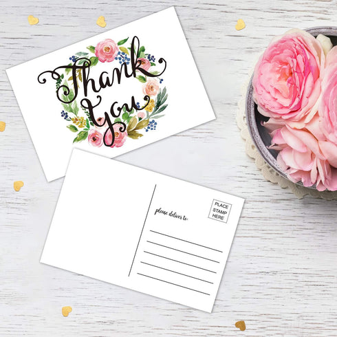 50 Thank You Postcards, Blank Thank You Note Card, Floral Watercolor Calligraphy Stationery for Wedding, Bridal or Baby