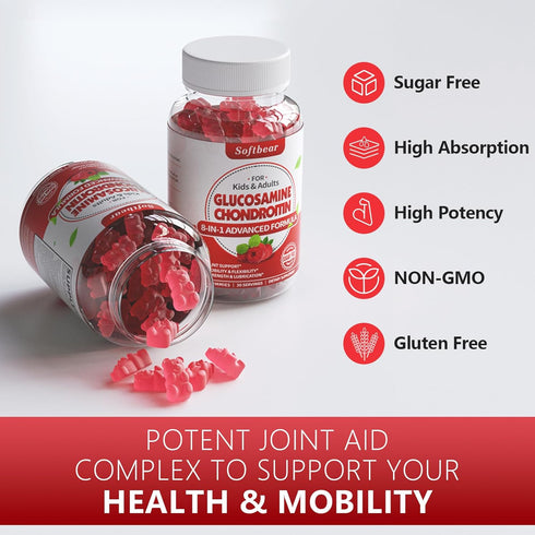 Sugar Free Glucosamine Chondroitin Gummies - Extra Strength Joint Support, Raspberry Flavored, 120 Count