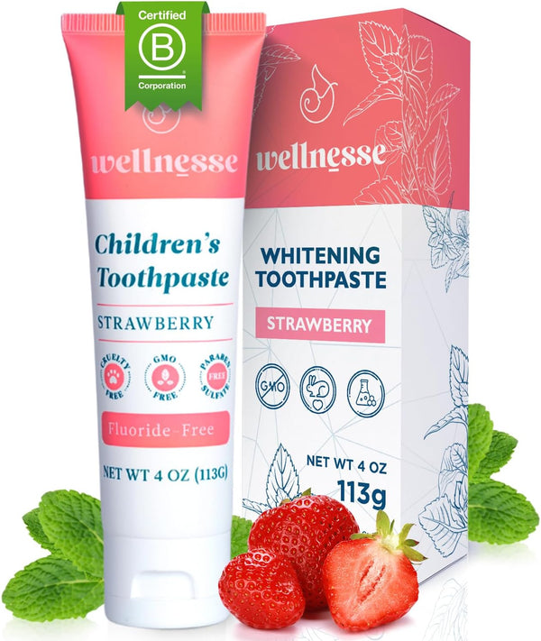 Wellnesse Kids Hydroxyapatite Toothpaste: Fluoride-Free, Natural Ingredients, Strawberry Flavor, Vegan & Cruelty-Free