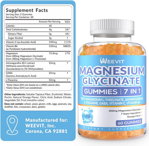 Sugar-Free Magnesium Glycinate Gummies 400mg with L-Threonate 200mg, Magnesium Gummies for Women and Men (2-Pack)