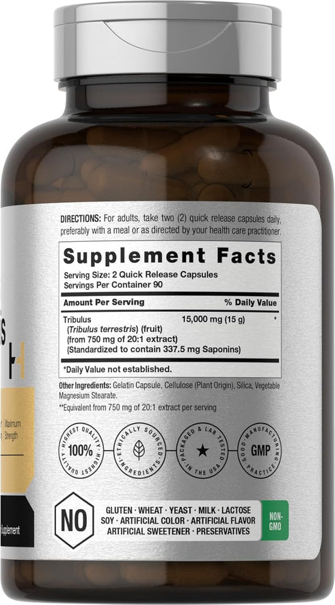 Horbaeach Tribulus Terrestris for Men 15000mg | 180 Capsules | Maximum Strength | Non-GMO, Gluten Free Extract Supplement