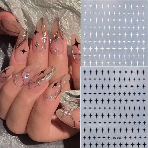 Star Nail Stickers for Nail Art 3D Glitter Starlight Self-Adhesive Decals 6 Pcs Laser Gold Silver Black White