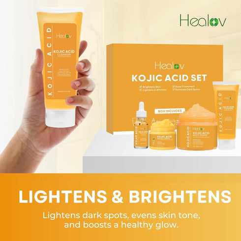 Kojic Acid Skincare Set – Kojic Soap Cleanser, Exfoliating Body Scrub, Face Cream & Brightening Serum for Dark Spots